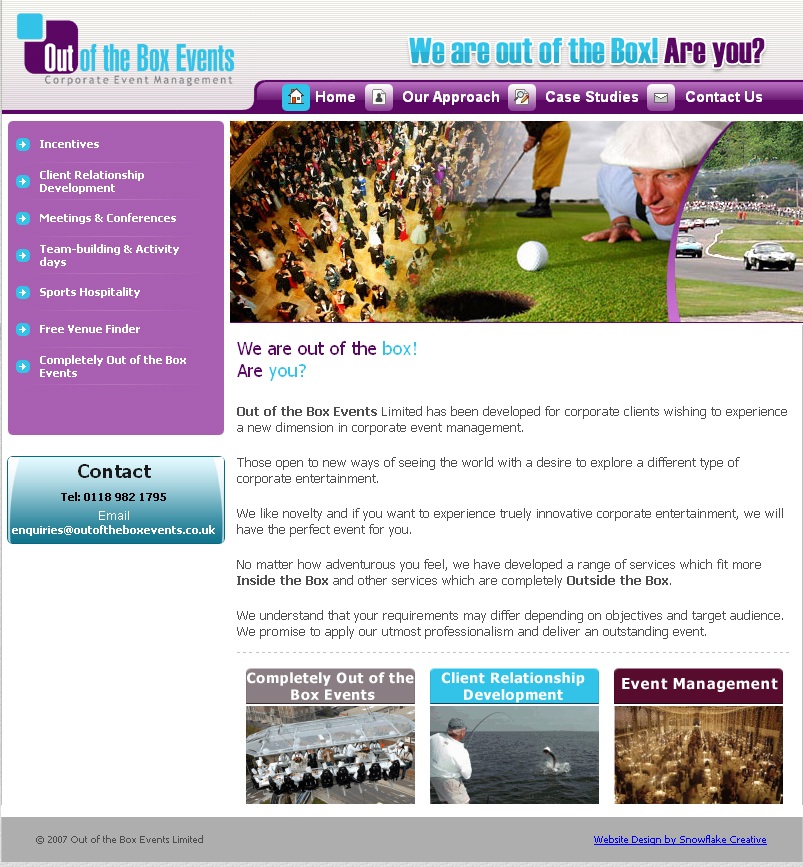 Out Of The Box Events,CMS Website, Database Website, Admin Driven Website, News System, Corporate Event Management