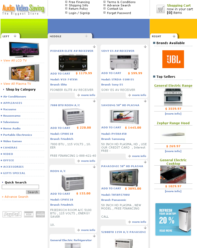 Audio Video Savings,Online Shopping Cart, Customized Shopping System, Cheap Shopping Solution, FedEx Process, USPS Process, PayPal IPN, Autorize.Net, Cybersource Solution,