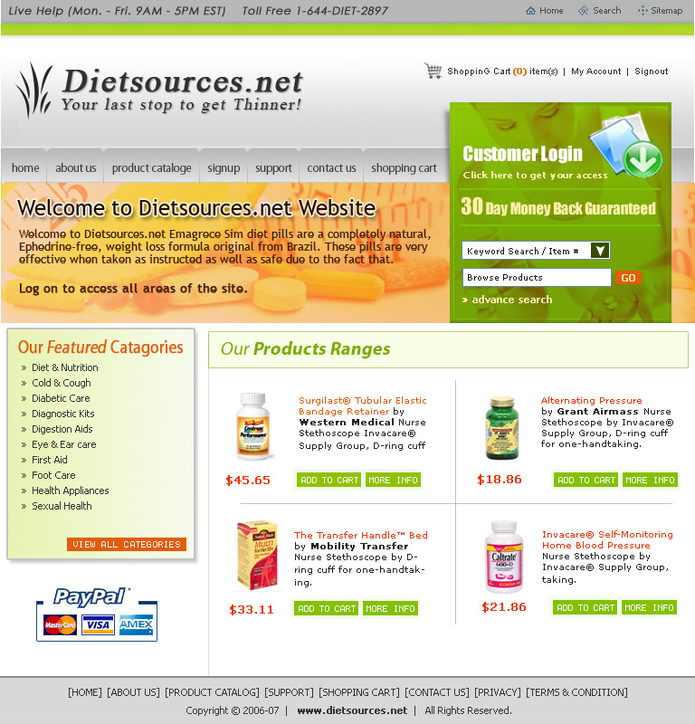 Diet Sources,Online Shopping Cart, Customized Shopping System, Cheap Shopping Solution, FedEx Process, USPS Process, PayPal IPN, Autorize.Net, Cybersource Solution,